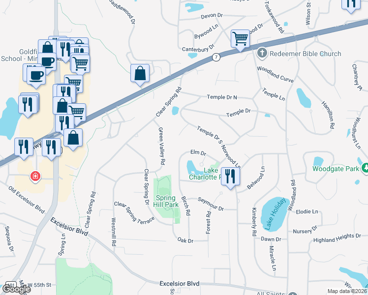 map of restaurants, bars, coffee shops, grocery stores, and more near 16624 Elm Drive in Minnetonka