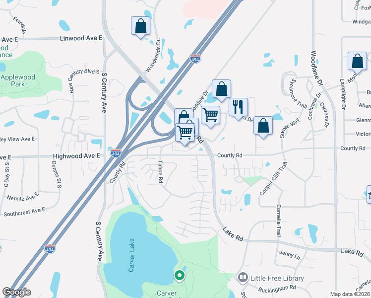 map of restaurants, bars, coffee shops, grocery stores, and more near 6445 Lake Road Terrace in Woodbury
