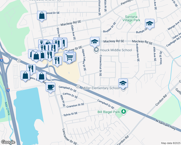 map of restaurants, bars, coffee shops, grocery stores, and more near 4415 Benham Avenue Southeast in Salem