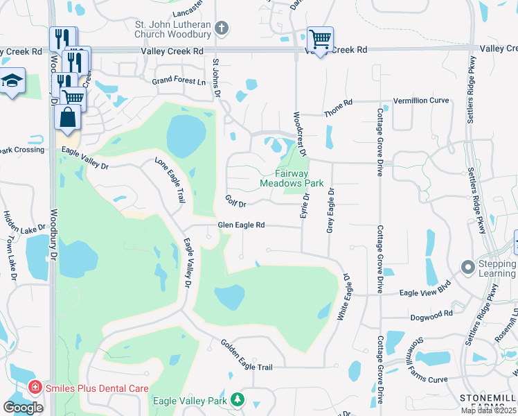 map of restaurants, bars, coffee shops, grocery stores, and more near 2420 Golf Drive in Woodbury