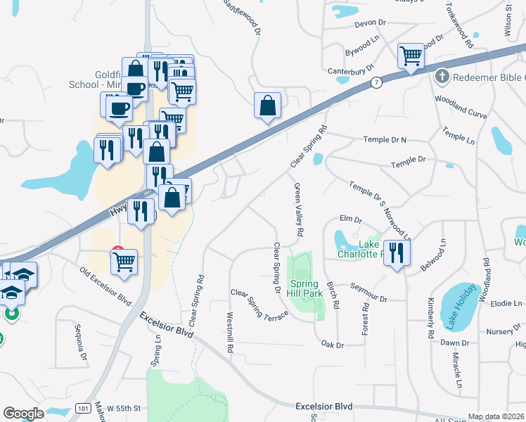 map of restaurants, bars, coffee shops, grocery stores, and more near 5015 Clear Spring Drive in Minnetonka