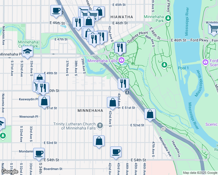 map of restaurants, bars, coffee shops, grocery stores, and more near 4126 East 50th Street in Minneapolis