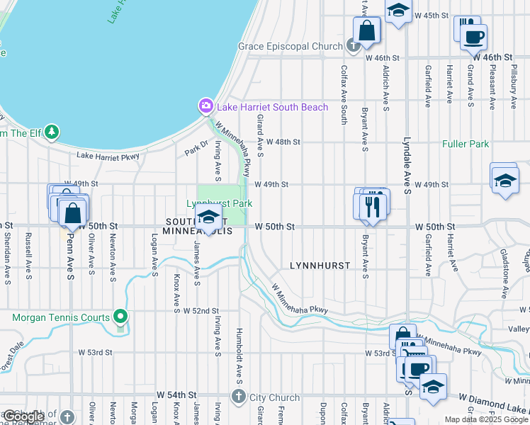 map of restaurants, bars, coffee shops, grocery stores, and more near 4941 Girard Avenue South in Minneapolis