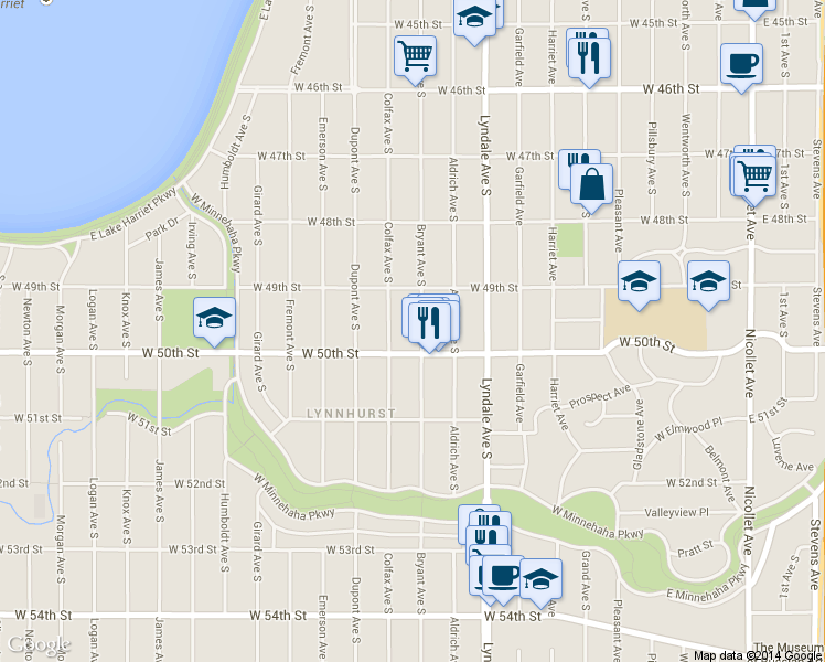 map of restaurants, bars, coffee shops, grocery stores, and more near 4938 Bryant Avenue South in Minneapolis