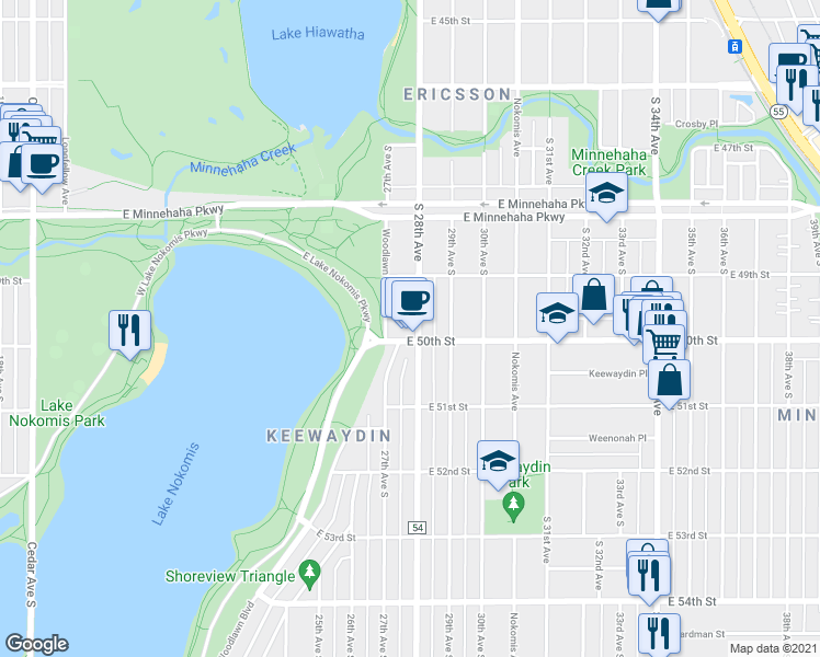 map of restaurants, bars, coffee shops, grocery stores, and more near 4950 South 28th Avenue in Minneapolis