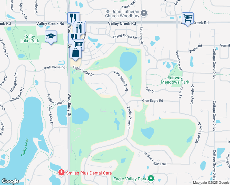 map of restaurants, bars, coffee shops, grocery stores, and more near 2484 Eagle Valley Drive in Woodbury