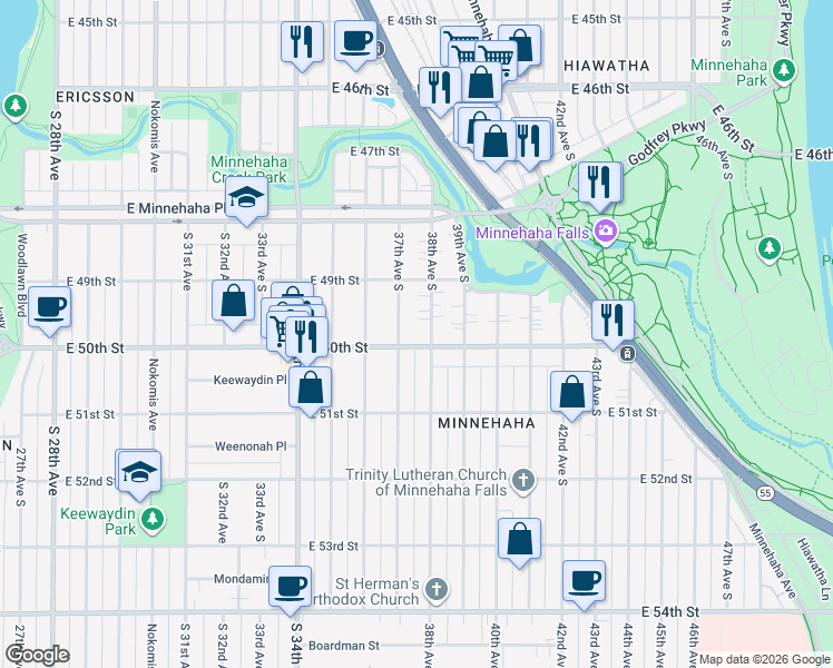map of restaurants, bars, coffee shops, grocery stores, and more near 4941 37th Avenue South in Minneapolis