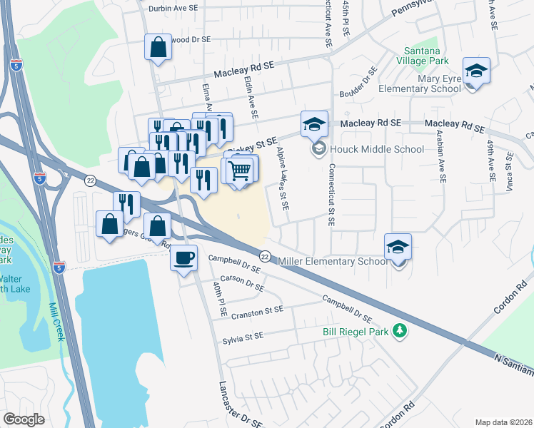 map of restaurants, bars, coffee shops, grocery stores, and more near 1421 Glacier View Street Southeast in Salem