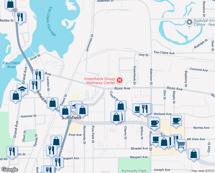 map of restaurants, bars, coffee shops, grocery stores, and more near 1135 Pine St in Schofield