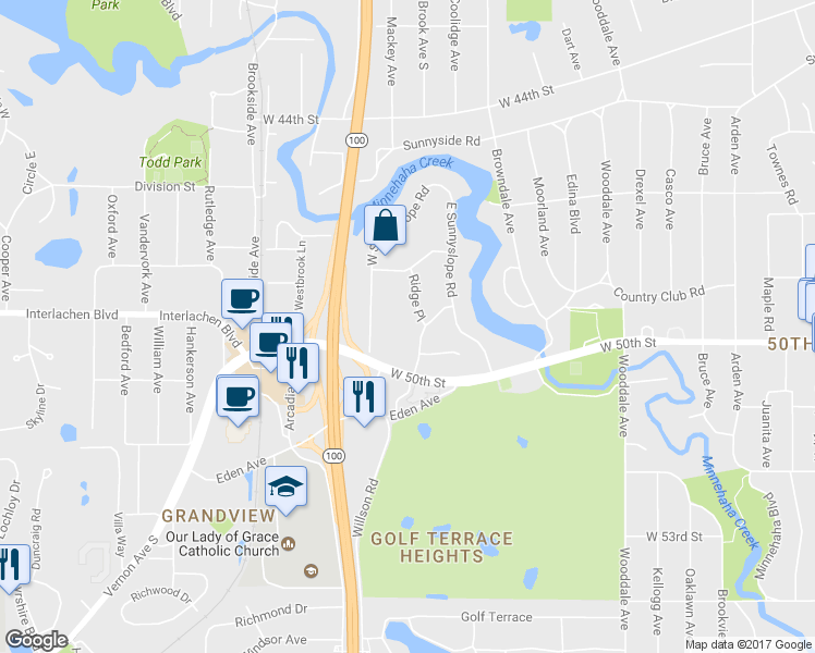 map of restaurants, bars, coffee shops, grocery stores, and more near 4916 Dale Drive in Minneapolis