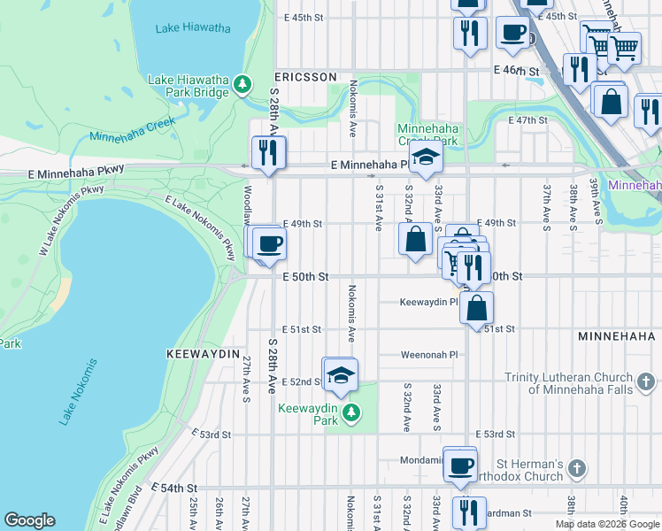 map of restaurants, bars, coffee shops, grocery stores, and more near 4949 30th Avenue South in Minneapolis