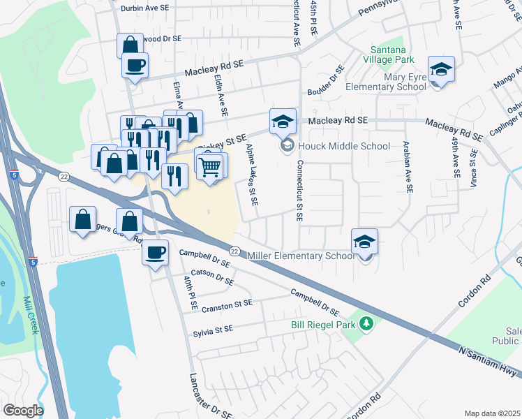 map of restaurants, bars, coffee shops, grocery stores, and more near 1436 Alpine Lakes Street Southeast in Salem