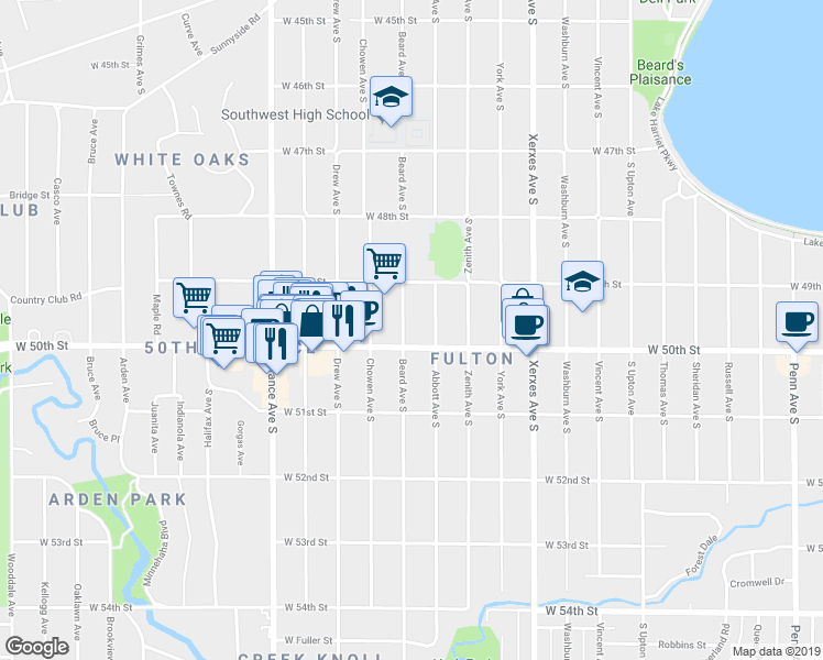 map of restaurants, bars, coffee shops, grocery stores, and more near 4941 Beard Avenue South in Minneapolis