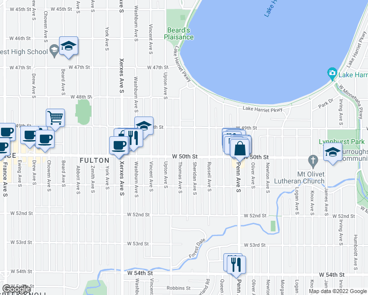 map of restaurants, bars, coffee shops, grocery stores, and more near 4941 Thomas Avenue South in Minneapolis