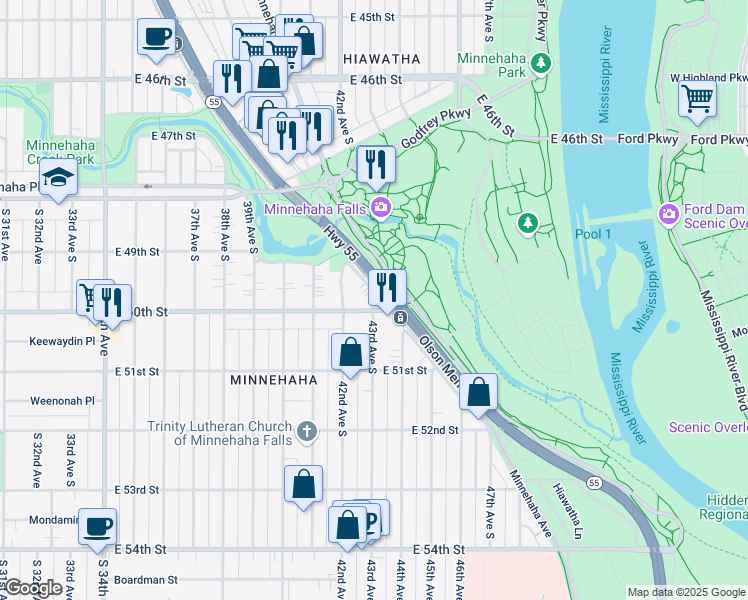 map of restaurants, bars, coffee shops, grocery stores, and more near 4224 East 50th Street in Minneapolis