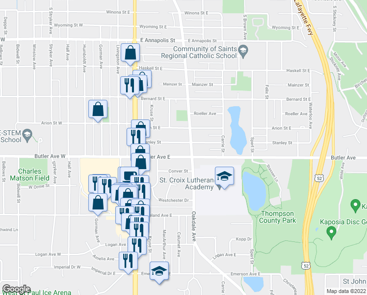 map of restaurants, bars, coffee shops, grocery stores, and more near 210 Stanley Street in Saint Paul