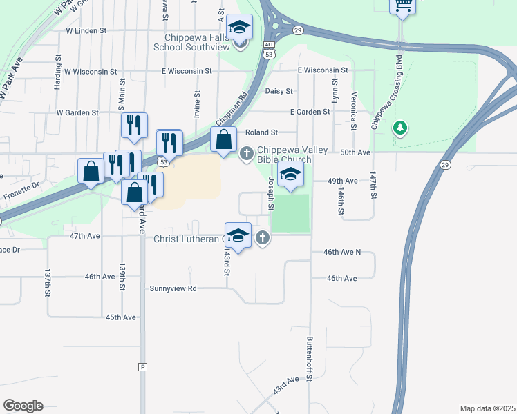 map of restaurants, bars, coffee shops, grocery stores, and more near 588 Maitland Drive in Chippewa Falls