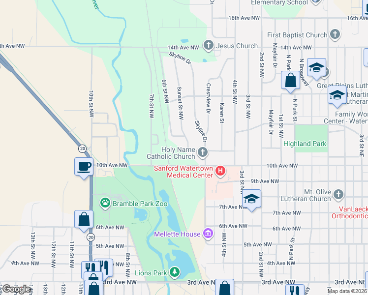 map of restaurants, bars, coffee shops, grocery stores, and more near 1100 Sunset Street Northwest in Watertown