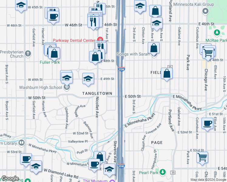 map of restaurants, bars, coffee shops, grocery stores, and more near 4932 Stevens Avenue in Minneapolis