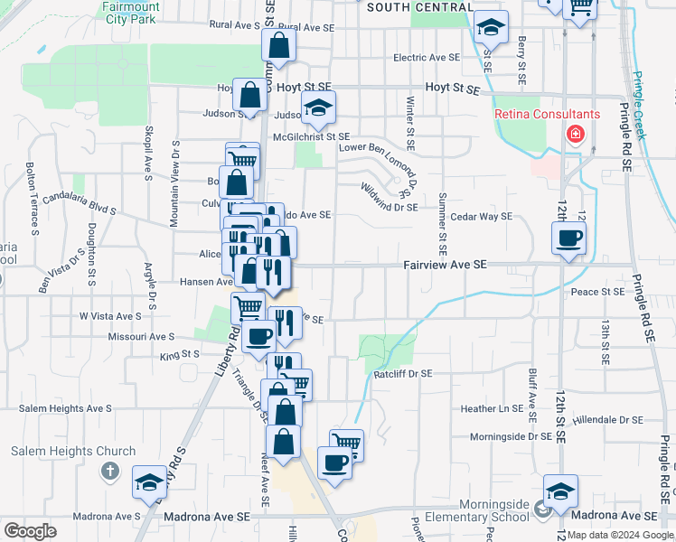 map of restaurants, bars, coffee shops, grocery stores, and more near 2810 High Street Southeast in Salem