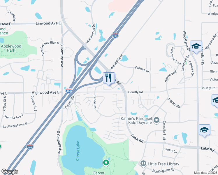 map of restaurants, bars, coffee shops, grocery stores, and more near 6445 Lake Road Terrace in Woodbury