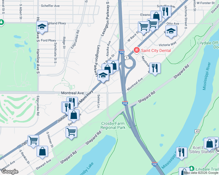 map of restaurants, bars, coffee shops, grocery stores, and more near 1111 Montreal Avenue in Saint Paul