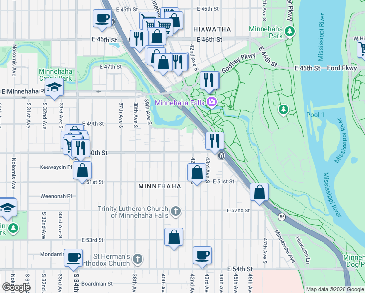 map of restaurants, bars, coffee shops, grocery stores, and more near 4126 East 50th Street in Minneapolis