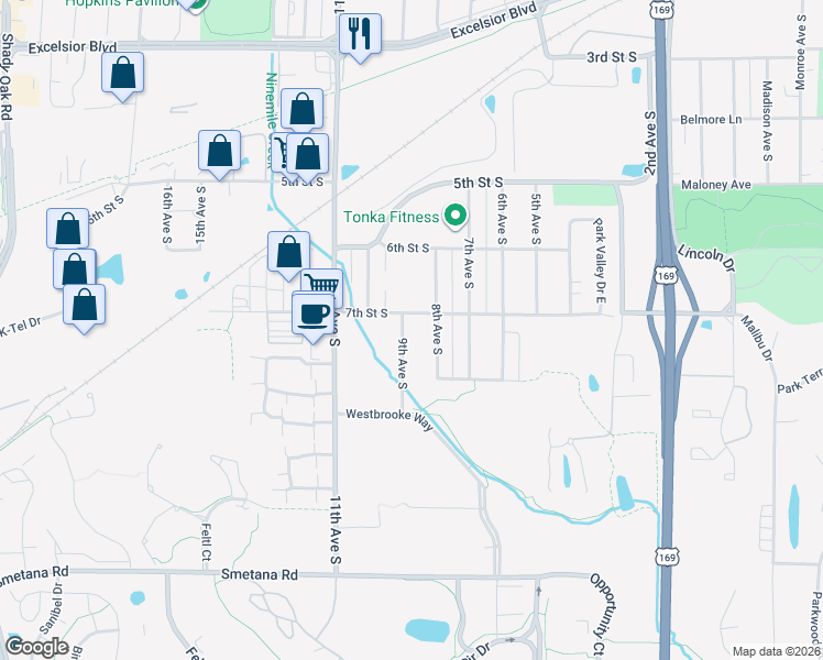 map of restaurants, bars, coffee shops, grocery stores, and more near 717 9th Avenue South in Hopkins