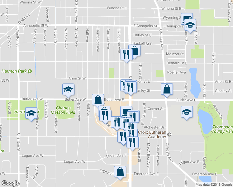 map of restaurants, bars, coffee shops, grocery stores, and more near 1109 Livingston Avenue in Saint Paul