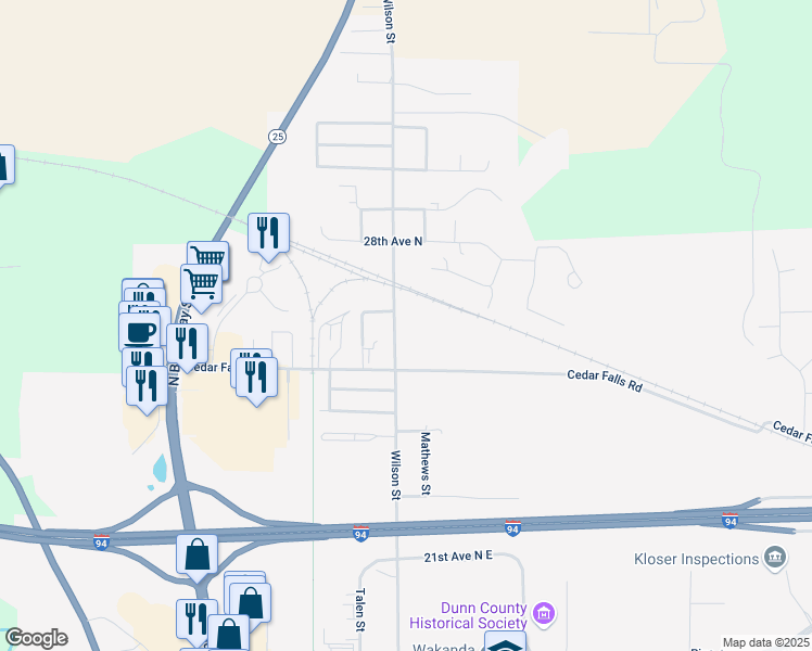 map of restaurants, bars, coffee shops, grocery stores, and more near 2508 Wilson Street in Menomonie
