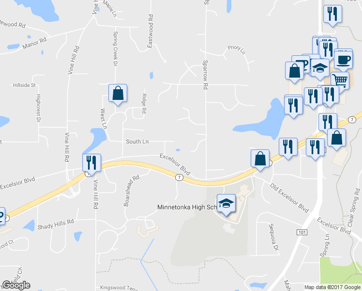 map of restaurants, bars, coffee shops, grocery stores, and more near 18607 South Lane in Minnetonka