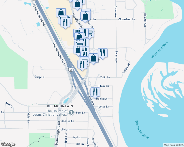 map of restaurants, bars, coffee shops, grocery stores, and more near 225421 Rib Mountain Drive in Wausau