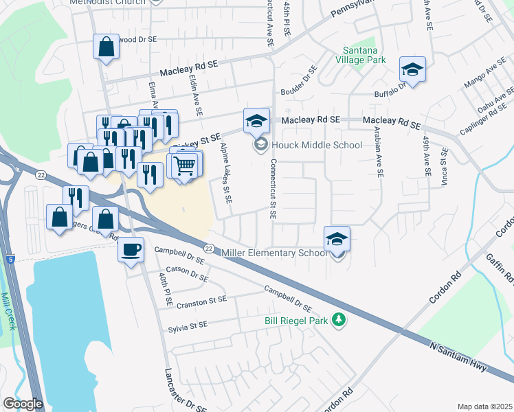 map of restaurants, bars, coffee shops, grocery stores, and more near 4451 Benham Avenue Southeast in Salem