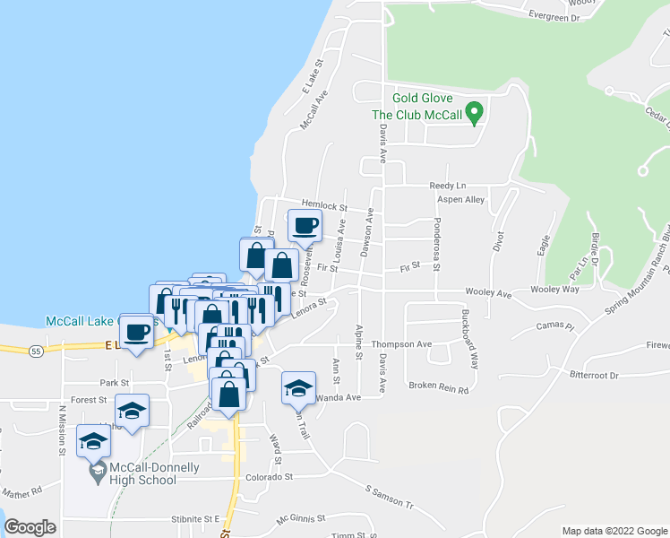 map of restaurants, bars, coffee shops, grocery stores, and more near 1301 Louisa Avenue in McCall