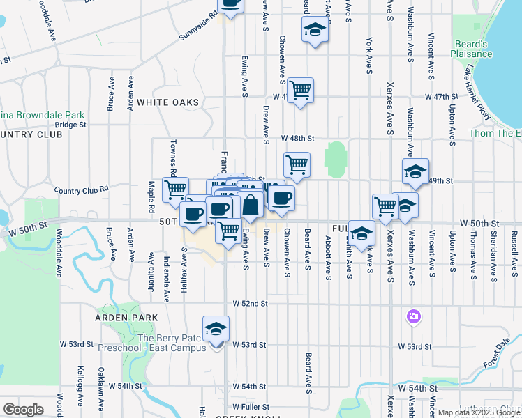 map of restaurants, bars, coffee shops, grocery stores, and more near 4940 Drew Avenue South in Minneapolis