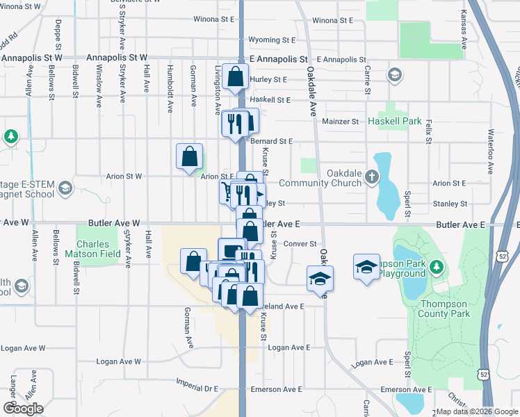 map of restaurants, bars, coffee shops, grocery stores, and more near 130 Stanley Street in Saint Paul