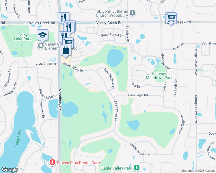 map of restaurants, bars, coffee shops, grocery stores, and more near 2484 Eagle Valley Drive in Woodbury
