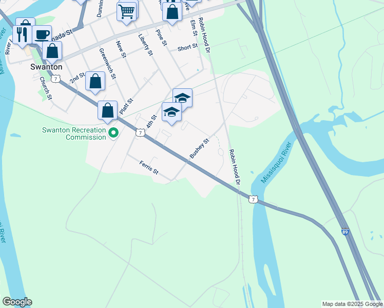 map of restaurants, bars, coffee shops, grocery stores, and more near 1 Bushey Street in Swanton