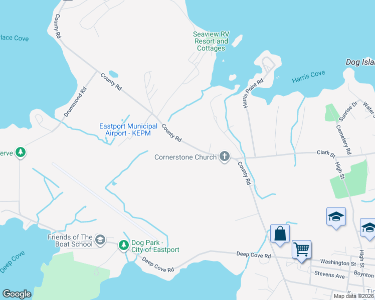 map of restaurants, bars, coffee shops, grocery stores, and more near 102 County Road in Eastport