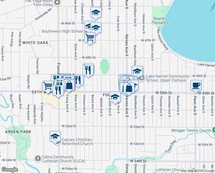 map of restaurants, bars, coffee shops, grocery stores, and more near 4941 Abbott Avenue South in Minneapolis