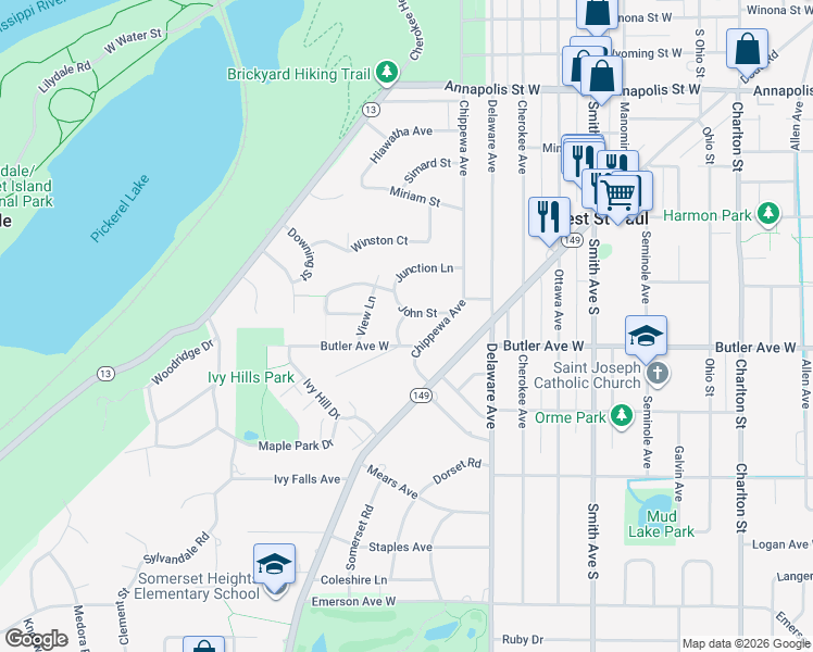 map of restaurants, bars, coffee shops, grocery stores, and more near 1060 Esther Lane in Mendota Heights