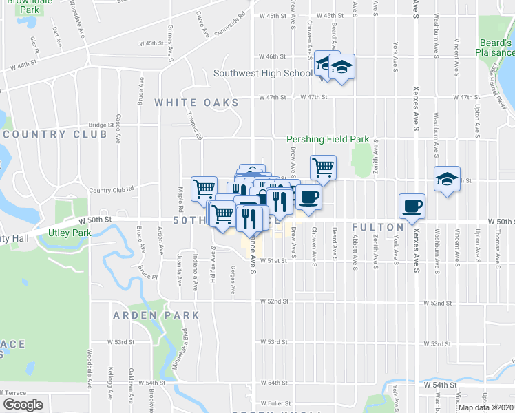 map of restaurants, bars, coffee shops, grocery stores, and more near 5005 France Avenue South in Minneapolis