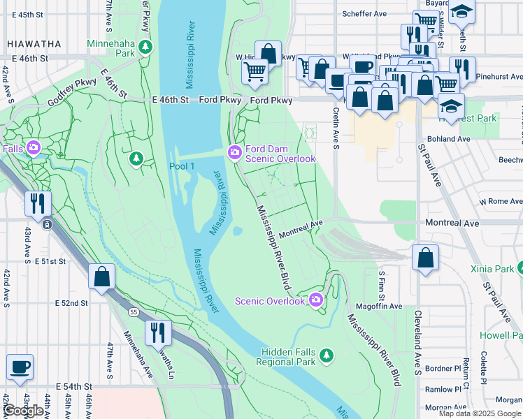 map of restaurants, bars, coffee shops, grocery stores, and more near 975 Mississippi River Boulevard South in Saint Paul