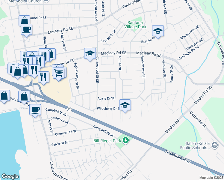 map of restaurants, bars, coffee shops, grocery stores, and more near 4577 Garden Court Southeast in Salem