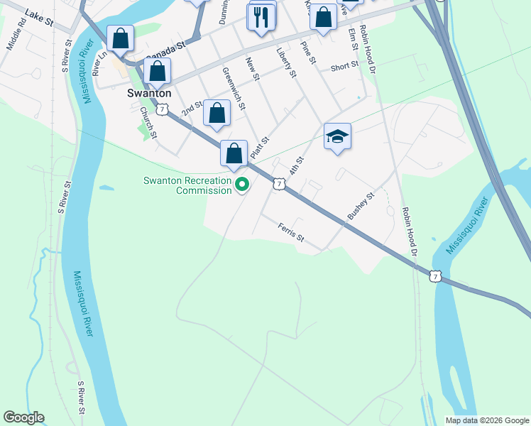 map of restaurants, bars, coffee shops, grocery stores, and more near 13 Laroe Street in Swanton