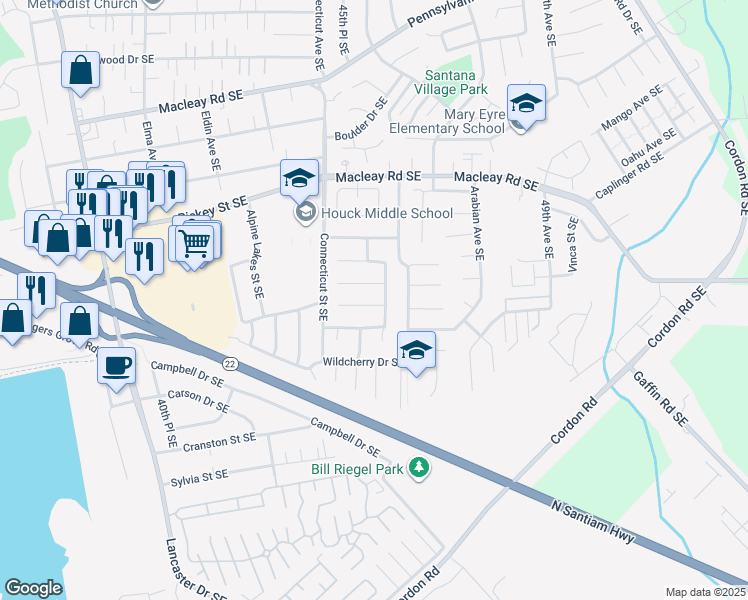 map of restaurants, bars, coffee shops, grocery stores, and more near 4577 Garden Court Southeast in Salem