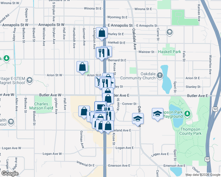 map of restaurants, bars, coffee shops, grocery stores, and more near 130 Stanley Street in Saint Paul