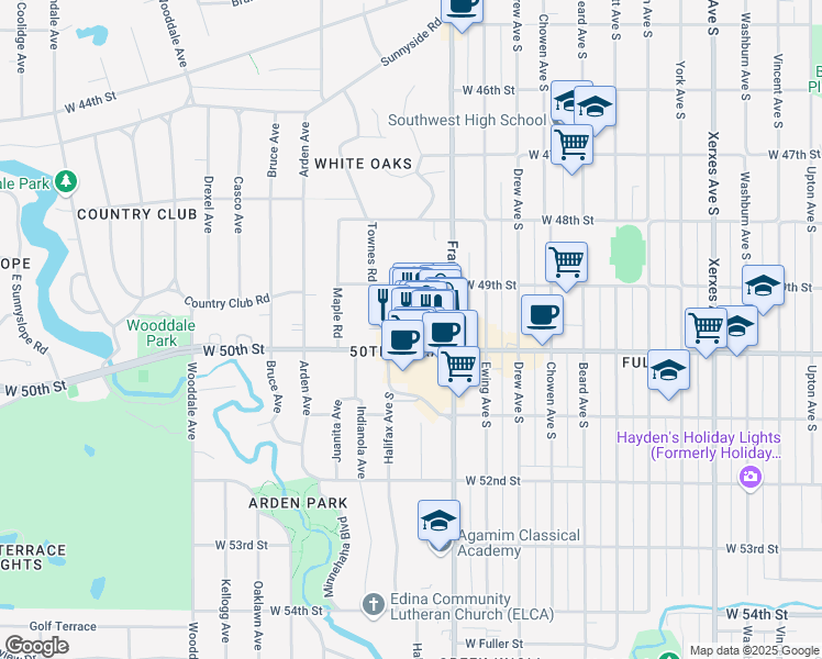 map of restaurants, bars, coffee shops, grocery stores, and more near 4950 France Avenue South in Edina