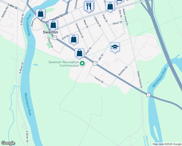 map of restaurants, bars, coffee shops, grocery stores, and more near 13 Laroe Street in Swanton