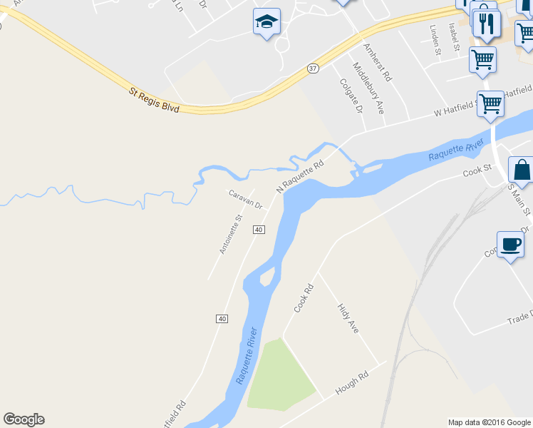 map of restaurants, bars, coffee shops, grocery stores, and more near 654 W Hatfield Rd in Massena